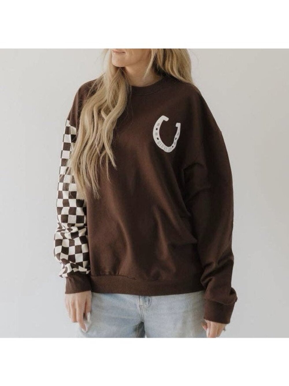 Forever French Brown Checkered Giddy Up Cowboy Cowgirl Long Sleeve Sweater Sz M